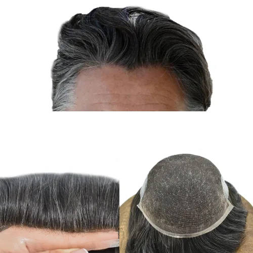 Vista 56 de Tupé para hombre con encaje suizo para hombre, sistema de reemplazo de cabello humano real, extensiones de nudo blanqueado para prótesis de cabello