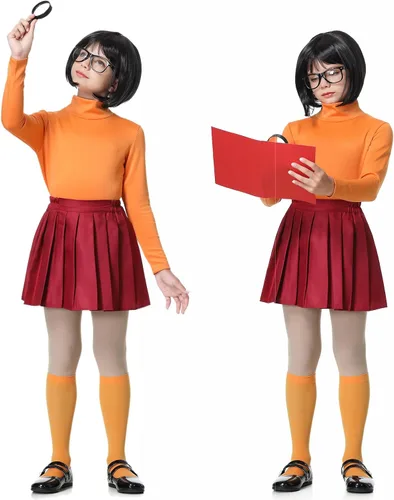 Vista 2 de Disfraz de Velma para niñas Daphn Cosplay Scoob Halloween Dress Up Peluca Accesorios Set