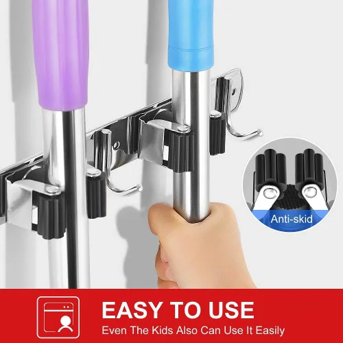 Vista 5 de IMILLET Paquete de 2 Soportes para Escobas y Fregonas con Montaje en Pared, Soporte para Escoba y Fregona de Acero Inoxidable, Autoadhesivo, Ganchos