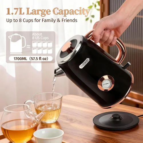 Vista 5 de INFOOD Hervidor eléctrico retro de 1.7 l/57 onzas con termómetro – Hervidor de té de agua caliente de acero inoxidable de 1500 W de ebullición