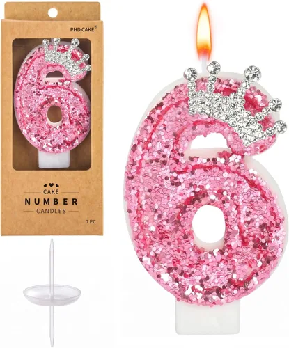Vista 21 de PHD CAKE Velas con números de cumpleaños, velas de cumpleaños de corona rosa para pastel, velas con purpurina número 0 con lentejuelas para niñas