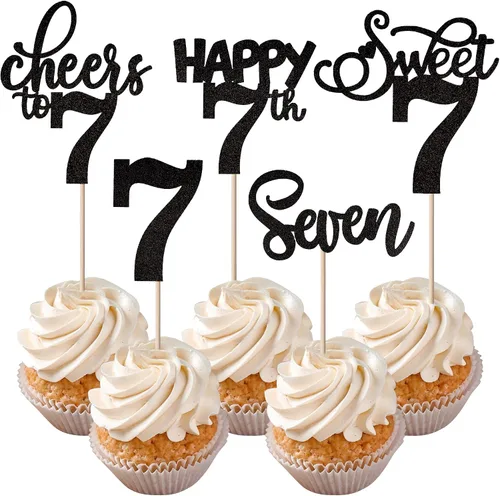 Vista 16 de Rsstarxi Paquete de 30 adornos para cupcakes de 6º cumpleaños con purpurina negra de seis Hello 6 para cupcakes Cheers to 6 años de edad