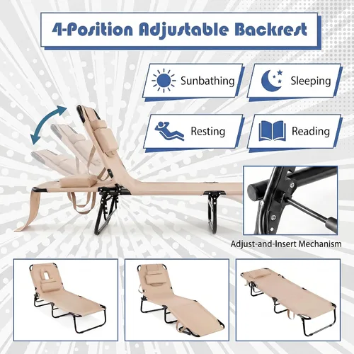 Vista 4 de Goplus Silla bronceadora, silla de playa plegable con orificio para la cara, almohada extraíble, capacidad de 350 libras, correa de transporte