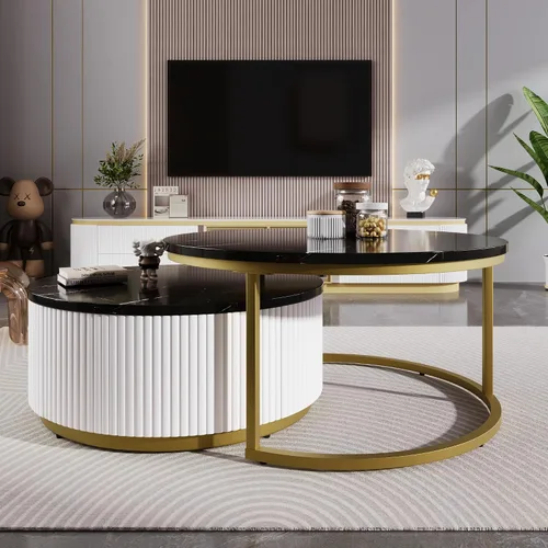 Vista 5 de Moderna mesa de centro redonda anidable acanalada con cajón en negro y dorado en 27.6 pulgadas