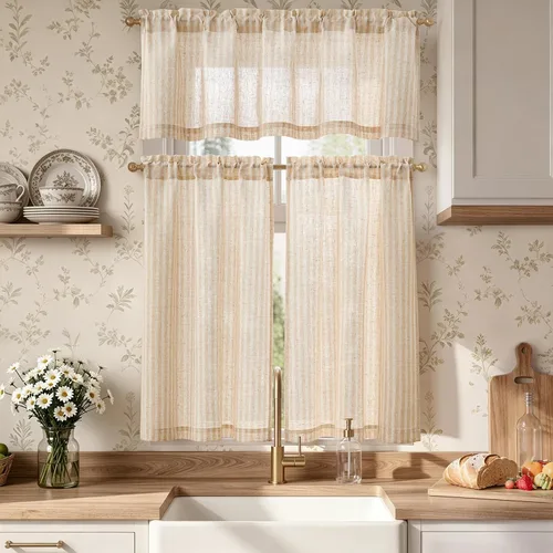 Vista 20 de Jinchan - Juego de cortinas y cenefas de cocina estilo bohemio negro sobre beige y bolsillo para barra Boho Negro sobre Beige