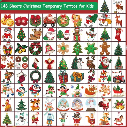 Vista 2 de CHARLENT Tatuajes temporales de Navidad para niños, 148 tatuajes individuales para niños, recuerdos de fiesta de Navidad, relleno de calcetines