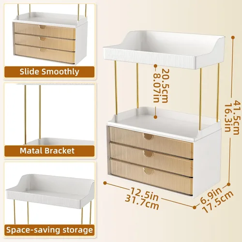 Vista 2 de StorBin Organizador de maquillaje de 3 cajones grandes, organizador de encimera de baño de 5 niveles y almacenamiento, organizador versátil