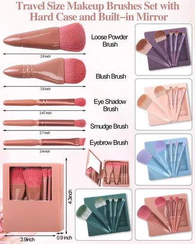 Vista 3 de PGRODE Mini juego de brochas de maquillaje de tamaño de viaje con estuche rígido y espejo integrado, 5 brochas pequeñas para cosméticos, kits