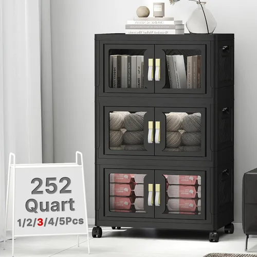 Vista 32 de Contenedor de almacenamiento apilable de 48 cuartos de galón con tapa, ruedas y puerta, organizador plegable de 12 galones para dormitorio, estudio