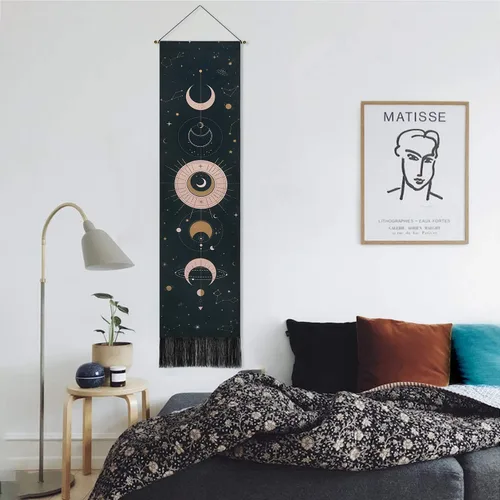Vista 2 de Arte para colgar en la pared de fase lunar, tapiz bohemio para habitación (negro, 12.8 x 51.2 pulgadas)