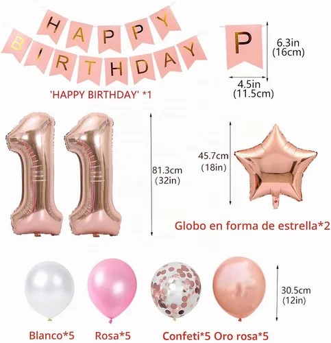 Vista 4 de Globos de fiesta de cumpleaños número 11 para niñas, pancarta de cumpleaños número 11, globos de papel de aluminio de color oro rosa con el número