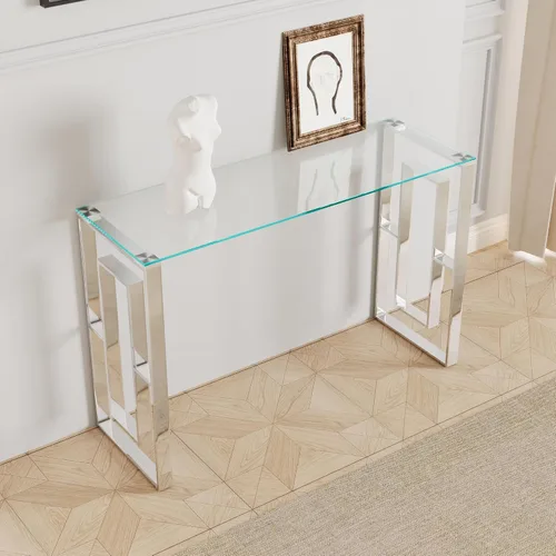 Vista 6 de Mesa consola de cristal, moderna mesa de entrada de 47.2 pulgadas, parte superior de vidrio con base de acero inoxidable, mesa de sofá estrecha