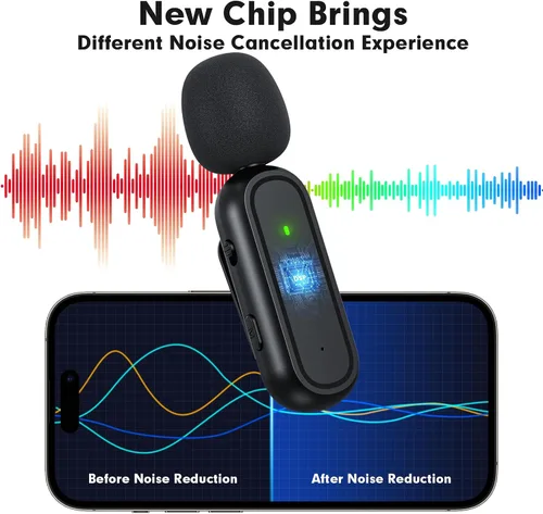 Vista 2 de Paquete de 2 micrófonos inalámbricos Lavalier para iPhone y Android, micrófono con clip de reducción de ruido Plug and Play con funda de carga