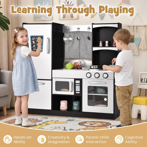 Vista 5 de Honey Joy - Juego de cocina para niños - Cocina de juguete de madera con microondas, estufa, fregadero, grifo, cortina, alacena y estante, regalo