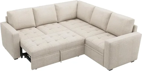 Vista 9 de HONBAY Sofá cama modular modular con cama extraíble, sofá en forma de L con asiento de almacenamiento, sofás seccionales para sala de estar, beige