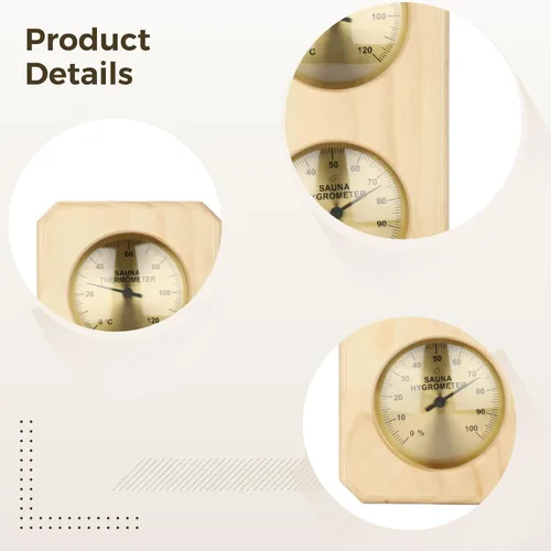Vista 5 de Sauna Thermometer Hygrometer, Pine Wood Frame, Dual Dial, Vertical Design, Provides Accurate Reading