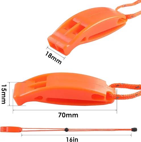Vista 2 de JULBEAR 6 silbatos de supervivencia de seguridad con cordón reflectante ajustable, silbato de plástico de emergencia, silbato marino Naranja