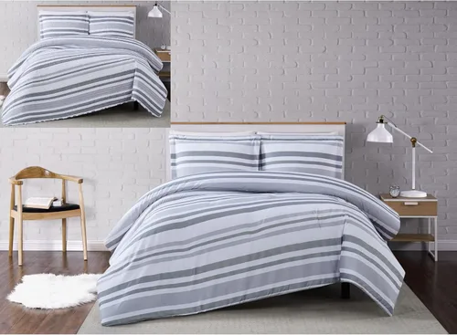Vista 4 de TRULY SOFT Curtis Stripe - Juego de edredón de 2 piezas de poliéster blanco y gris, tamaño individual XL, con temática de rayas, para hombres