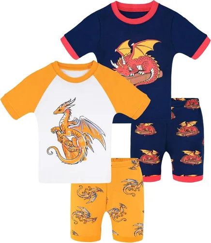 Vista 11 de DAUGHTER QUEEN - Pijama para niños de 4 piezas, conjunto corto 100 % algodón, talla 18 meses-12 años Soft, Breathable, Lightweight, Comfortable