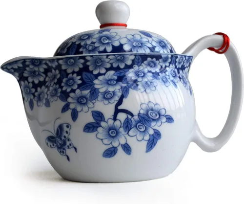 Vista 2 de Tetera pequeña de 12 onzas, tetera de porcelana azul y blanca con filtro de acero inoxidable para té suelto (flores de maceta embellecen)