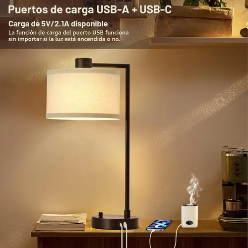 Vista 7 de Luvkczc Lámpara de Mesa para Dormitorio Juego de 2 con Puertos USB C+A - Lámpara de Noche Totalmente Regulable Sin Escalones con Pantalla de Lino