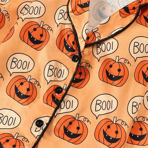 Vista 5 de Pijamas de Halloween para niños y niñas pequeñas, pijamas de seda de calabaza, manga larga, con botones, pantalones y 2 piezas