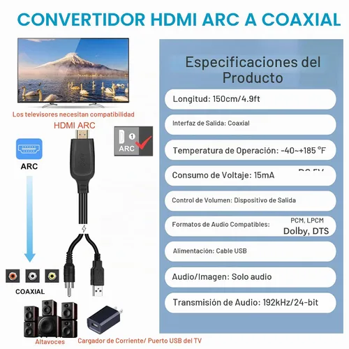 Vista 2 de Convertidor de audio HDMI eARC/ARC a coaxial de 192 KHz para TV a sistema de sonido, Plug & Play ARC a cable coaxial Adaptador extractor de audio