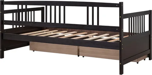 Vista 8 de Polibi Sofá cama de tamaño individual con dos cajones, marco de sofá cama de madera con rieles para sala de estar, dormitorio, color espresso