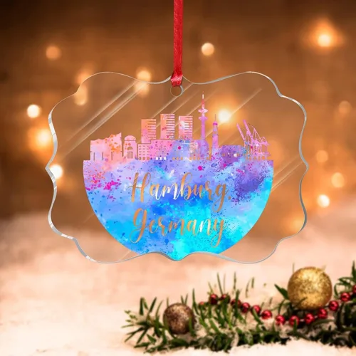 Vista 19 de Alemania Frankfurt Skyline Adorno de Navidad 2022 Alemania Frankfurt, arte de acuarela, adornos de Navidad para niños, colorido paisaje de ciudad