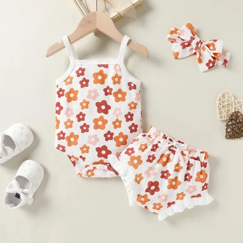 Vista 2 de YOUNGER TREE Ropa para bebé recién nacida, estampado floral, arcoíris, sin mangas, con volantes, pantalones cortos con cordón y diadema
