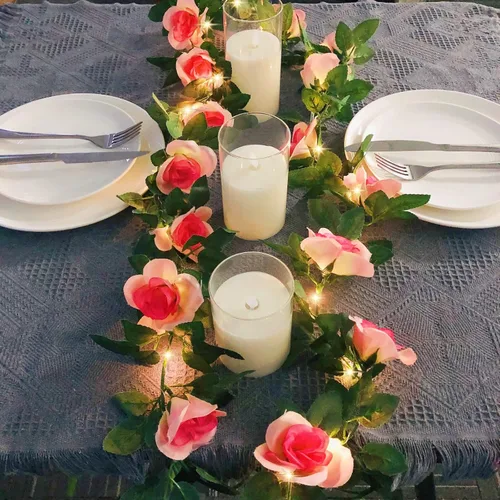 Vista 4 de Guirnalda de luces artificiales de vid de rosas de 7.5 pies, funciona con pilas, guirnalda de rosas para San Valentín, boda, dormitorio, fiesta
