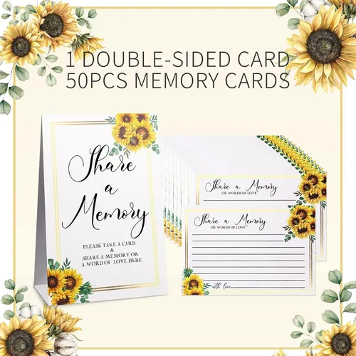 Vista 3 de Zonon 50 tarjetas de memoria con diseño de girasol, con texto en inglés "Share a Memory Card", para celebración de la vida, decoración de bodas