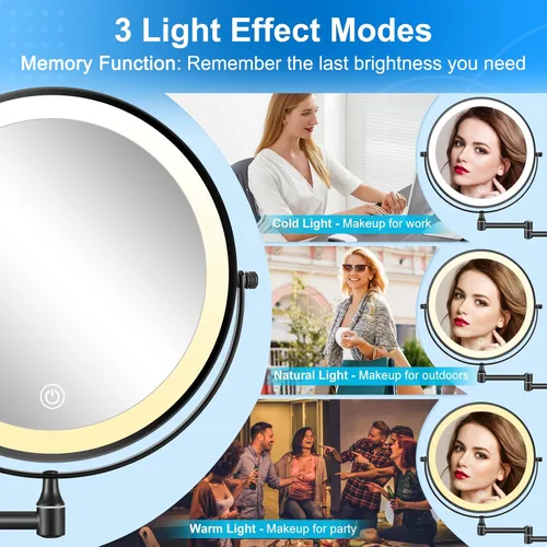Vista 5 de Espejo de maquillaje iluminado recargable de 9 pulgadas, espejo de aumento de doble cara 1X/10X con 3 luces de color regulables, espejo de baño