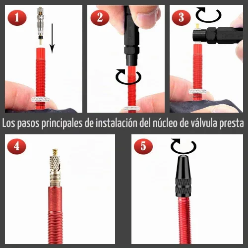 Vista 5 de Presta - Kit de herramientas de núcleo de válvula, 17 piezas, núcleos de latón y tapas de aluminio, color negro Negro Bronce