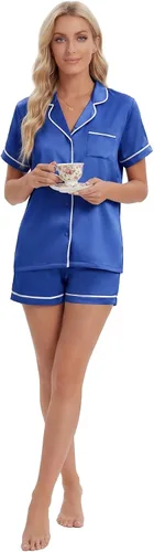 Vista 6 de LYANER Pijama de satén para mujer de seda de 2 piezas de pijama de manga corta con botones Azul brillante