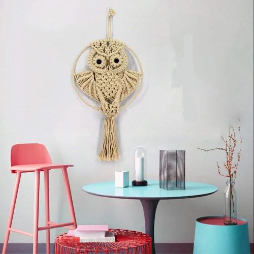 Vista 4 de Búhos atrapasueños de algodón macramé para colgar en la pared del dormitorio de los niños, decoración de pared 22 pulgadas de largo x 11.6 pulgadas
