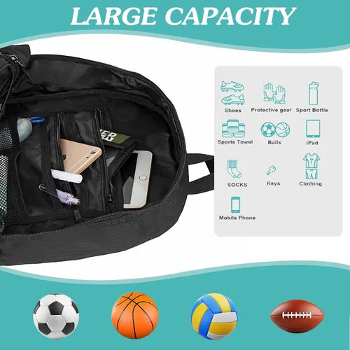 Vista 4 de WOLT - Mochila para balón de fútbol juvenil, bolsa deportiva con soporte para balón y compartimento para zapatos, para fútbol, fútbol americano
