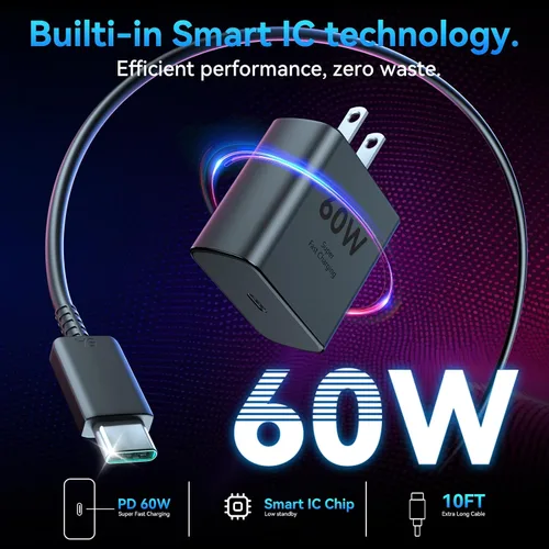 Vista 4 de 60W cargador rápido USB tipo C cable de carga rápida del cargador del Negro