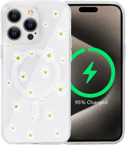 Vista 46 de Funda magnética de flores para iPhone 15 [compatible con MagSafe] Bonito patrón floral transparente a prueba de golpes