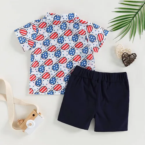 Vista 3 de AEEMCEM Conjunto de pantalones cortos estilo vaquero con estampado de vaca de manga corta y botones para bebé, conjunto de pantalones cortos