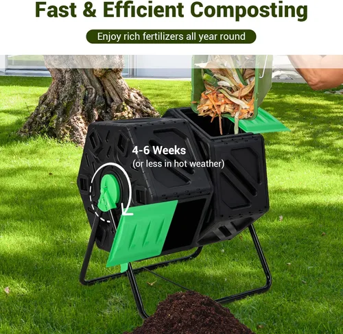 Vista 2 de Goplus Contenedor de compostaje, vaso de compostaje de doble cámara de 34.5 galones con 2 cámaras giratorias, puertas corredizas, compostador