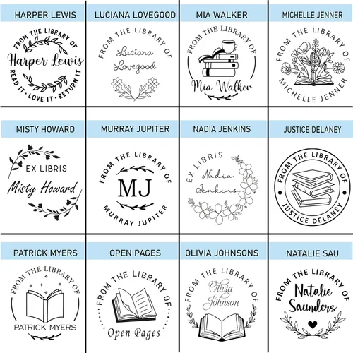 Vista 6 de Sello personalizado con diseño de libro abierto con flores, mariposas, champiñones, de la biblioteca de sellos de tinta autoadhesivos diseños