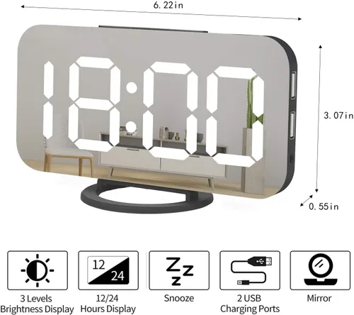 Vista 6 de Miowachi Reloj despertador digital, reloj LED de espejo grande, repetición, luz nocturna tenue, 2 puertos de cargador USB, reloj despertador de Negro