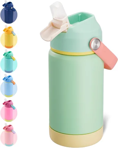 Vista 15 de Kerilyn - Botella de agua para niños, de acero inoxidable, con pajilla a prueba de fugas, con aislamiento térmico, libre de bisfenol A, unisex