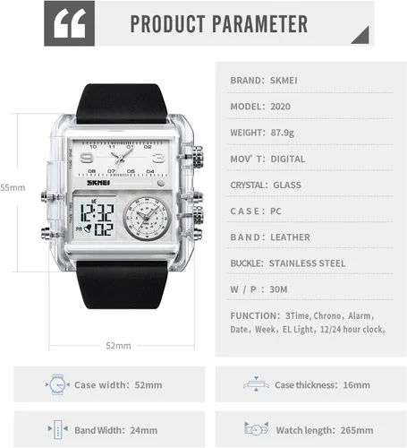 Vista 4 de Unique Digital Wathes for Men, Cool Led Analog Quartz Wristwatch, 3-Time Zone Large Face Stopwatch, Square Chronograph Watch(30M Waterproof, 1224H