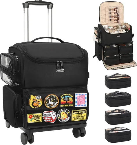 Vista 11 de Relavel Estuche de tren de maquillaje rodante, estuche de cosmetología sobre ruedas con 4 bolsas transparentes, bolsas profesionales para Negro