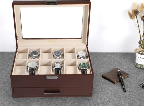 Vista 6 de Voova Joyero organizador de cajas de reloj para hombres y mujeres 2 capas grandes de 12 ranuras de piel sintética estuche de almacenamiento
