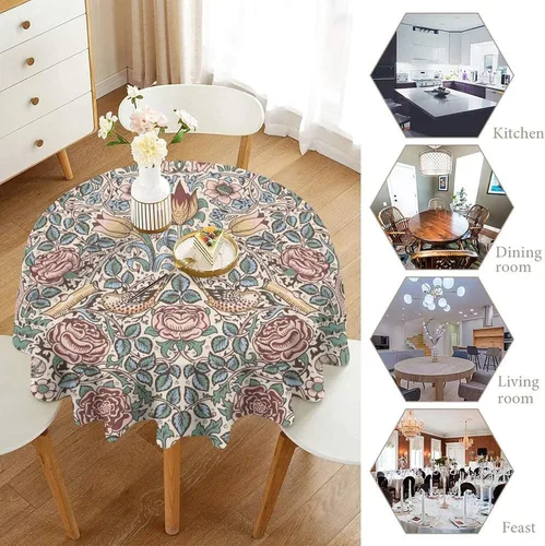 Vista 180 de Mantel Floral Retro de Pájaros, Diseño Original Bohemio William Morris Estampado Cubierta de Mesa para Hogar Picnic Fiesta Comedor Cocina William