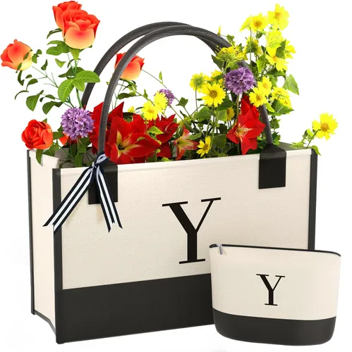 Vista 29 de Monogrammed Canvas Tote Bag with Zipper Pockets - Ideal Gift for Mom, Teacher, Sister