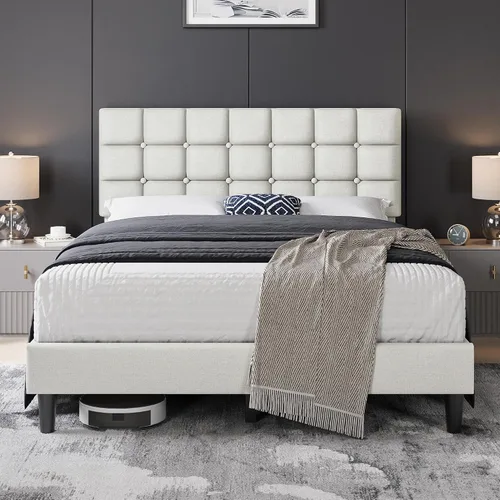 Vista 12 de Yaheetech Base de cama tapizada, moderna plataforma de cama individual con cabecera de costura cuadrada y botones, altura ajustable, soporte